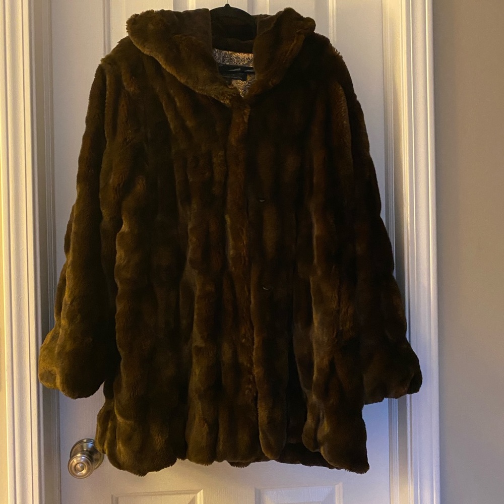 Donna Salyers’ Fabulous- Faux Fur. Mahogany Mink Faux Fur Hooded Coat